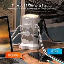 Surge Protector Power Strip Tower With 5 USB Ports And Night Light,10FT Extension Cord With 12 AC Multiple Outlets, PASSUS Power Tower Overload Protection For Home Office Dorm Room Essentials(Black) - 白色 - 查看 4