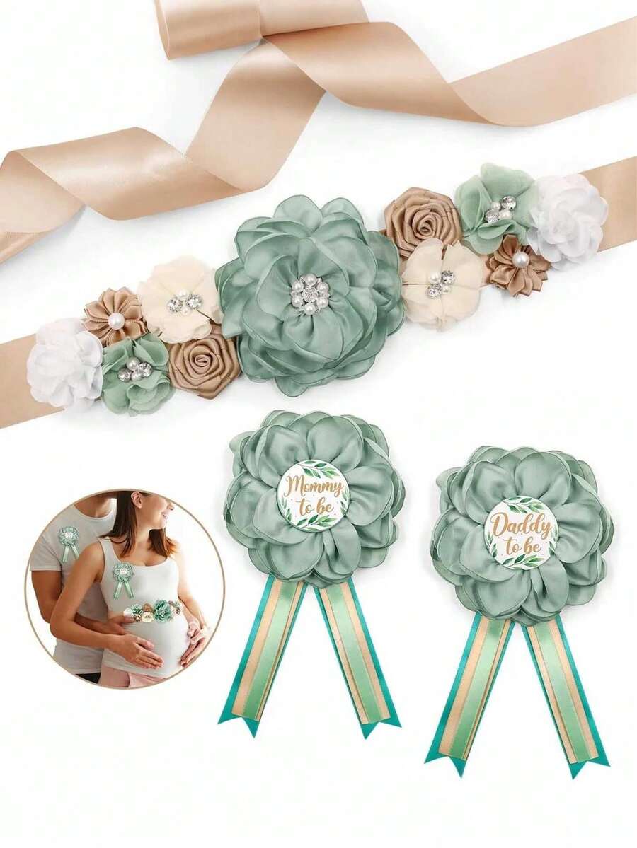 三件套 - 孕妇托腹带，花卉图案，适合准父母在性别揭晓仪式、迎婴派对、孕期配饰、胸针或装饰品上佩戴。