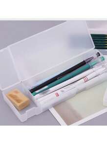 1 个白色塑料铅笔盒，简约办公桌文具收纳盒，带铰链盖和按扣的塑料铅笔盒，适用于铅笔、钢笔、钻头、办公用品，由耐用塑料材料制成，可容纳多支钢笔，便携实用，非常适合旅行、办公桌整理、抽屉、工作区和教室。