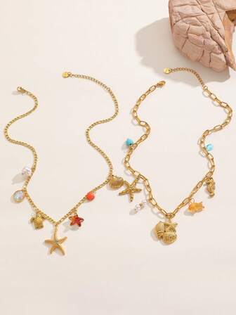 1 pièce Collier de style bohème à la mode en acier inoxydable avec pendentif étoile de mer, coquillage, hippocampe. Convient pour le port quotidien ou en vacances pour les femmes