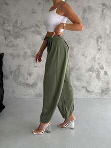 Modal Pleated Casual Pants, Solid Color - Khaki - View 4