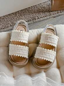一双女童编织公主风软底沙滩鞋适合夏季小中童鞋大童魔术贴女童沙滩鞋 - 米色 - 查看 2