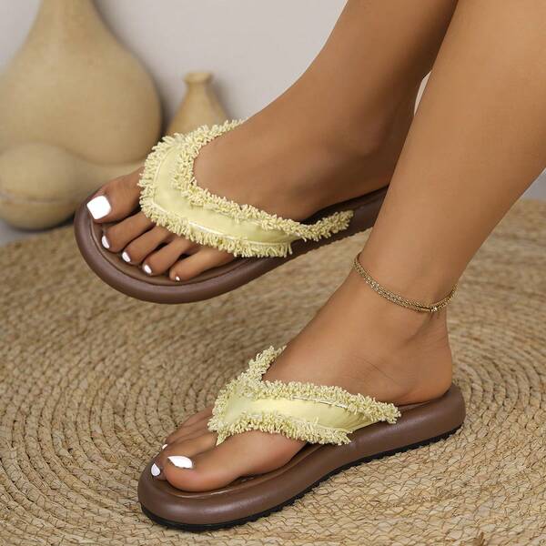 Elegante Damenschuhe für den Sommer, braun, mit gefranstem Spitzenbesatz, Zehentrenner-Sandalen, espadrillenartige Strandschuhe, geeignet für Urlaub, Partys, Schulbeginn und Outdoor-Aktivitäten