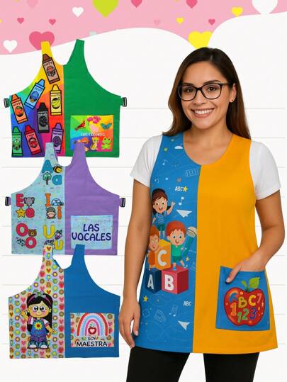 3 Batas de Educadora Yomper Sublimado con Bolsas - Delantal Jumper Para Maestros de Preescolar, Jardín de Niños, Kinder