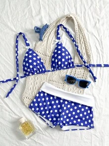 女士波尔卡圆点印花露背比基尼套装，夏季度假海滩 - 彩色 - 查看 7