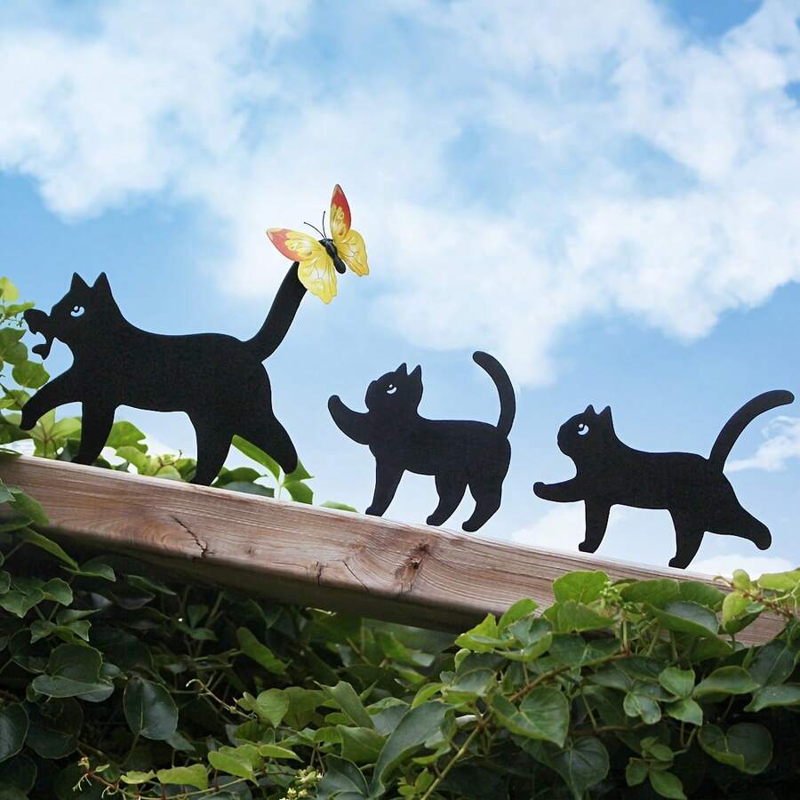 Charming Black Cat Silhouette Metal Decor With Butterfly - Outdoor Garden Art For Fence, Wall, Or Tree - Winter And All - Season Decorative Ornament