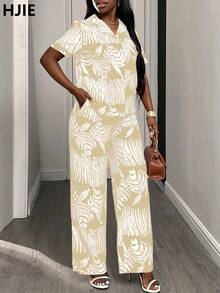 女士两件套西装秋季套装不对称印花短袖衬衫+裤子舒适休闲工作服日常装毕业装 - 淡黃色 - 查看 7