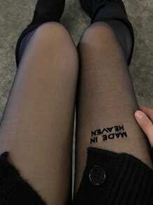 1 par de medias nuevas para mujer con estampado de letras, medias sexys para las piernas, de seda negra ultradelgada para primavera y verano