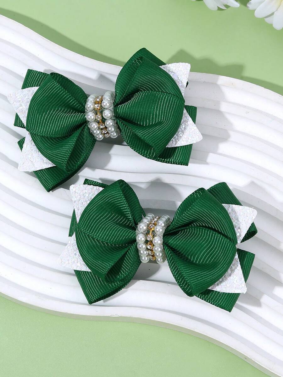 2 件国庆节绿色珍珠蝴蝶结发夹，可爱女孩发夹适合派对和日常生活 - 綠色 - 查看 1