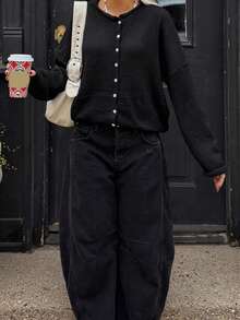 Women Y2k Crew Neck Cardigan Sweater Long Sleeve Button Down Solid Color Top Fall Casual Vintage Lightweight Knitwear - màu đen - Xem 4