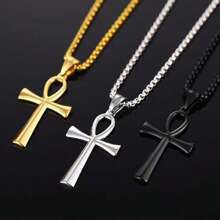 1pc Stainless Steel Coptic Cross Religious Pendant Necklace, Unisex, Minimalist Smooth Ankh Cross Pendant