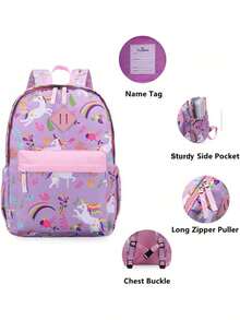 Polaris Preschool Backpack Kindergarten Little Kids Toddler Elementary School Backpacks For Boys And Girls With Chest Strap(Purple Unicorn) - 紫色獨角獸 - 查看 3