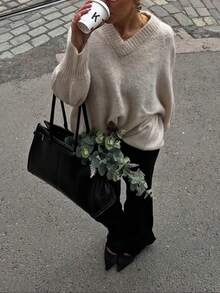 Vivid Style Women's High-End Laid-Back Style, Retro Money Style, Daily Commuting Style, Loose Solid Color V-Neck Pullover Knitted Sweater,Christmas, Christmas Sweater, Attire,New Year