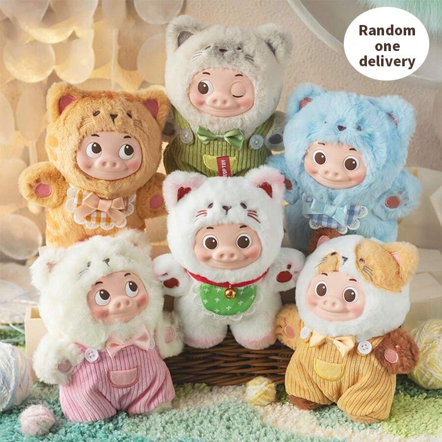 Miniso TOP TOY G G Bond 毛绒盲盒，可爱小猪变身小猫咪角色扮演，柔软毛绒，收藏品，桌面摆件，包包挂饰，送给朋友的完美生日礼物（1个，随机发货）