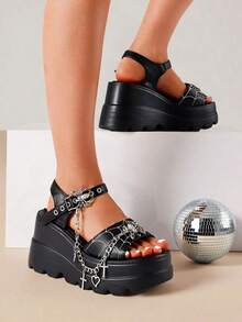 Y2k Women'S Platform Sandals Wedges High Heels Fashion Gothic Spider Metal Decor Punk Thick Bottom Spider Web Embroidery Cross Chain Detail Ankle Strap Summer Sandals Women - 黑色 - 查看 4