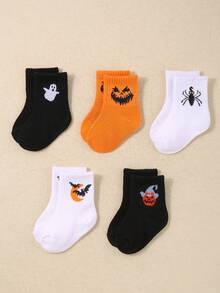 Infant/Children 5 Pairs Halloween Pumpkin/Ghost/Bat Pattern Orange Casual Elastic Mid-Calf Socks - Multicolor - View 5