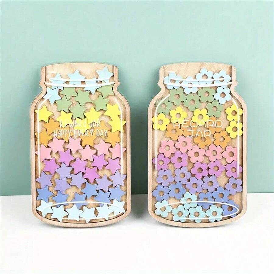 47件套奖励罐套装 - 酷炫教育用品,包含星星和花朵贴纸、带支架的木质桌面装饰、行为管理工具、木质星星装饰奖励系统,适用于教室和家庭 - 彩色 - 查看 1