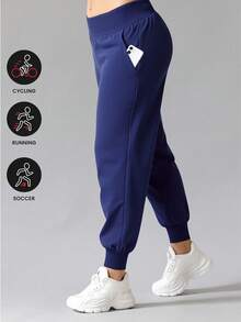 Plus Size Women Elastic Waist Drawstring Pockets Sport Pants, Loose & Comfy, Suitable For Fitness, Outdoor, & Casual Wear, All Season - Navy Blue - View 3