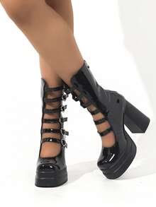 Waterproof High Heel Boots With Square Toe, Chunky Heel And Six Rows Of Hollow Out Heart Buckles Valentines - Black - View 10