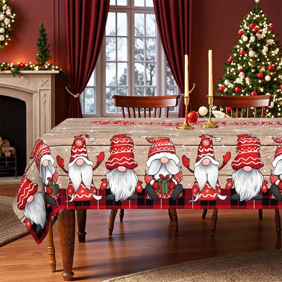 Weihnachtsthema Polyester Tischdecke, runder Durchmesser 145cm, rechteckig 140x180cm, Weihnachtstischdecke mit Weihnachtsmann Zwerg Muster, fröhliche Weihnachten Schriftzug Holzmaserung Hintergrund Design, geeignet für Feiertags-Restaurant, Heimdekoration und Jahresendfeier - Schwarz und Weiß - Übersicht 1