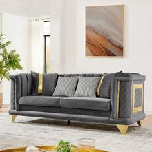 YOGLAD Luxurious Chesterfield Velvet Sofa With Gold Stainless Steel Trims, Modern 3-Seater Sofa And 2-Seater Sofa With Curved Backrest Rolled Arm  And Embroidered Texture 2 Fur & 2 Gold Strip Pillow For Living Room, Bedroom, Apartment, Office - Xám - Xem 5