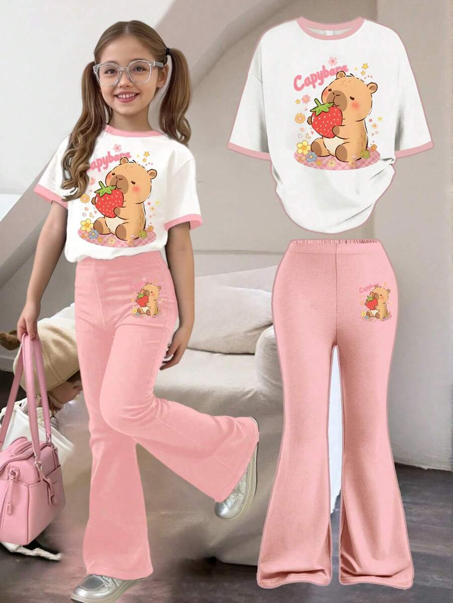 2 件套女孩水豚 - 元素 T 恤和喇叭裤套装，舒适，春秋季学校活动和个性化风格