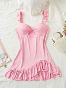 女士粉色睡衣，V领，荷叶边袖，牛奶丝面料，不对称下摆，露背，娃娃衫，性感内衣，性感睡裙 - 淺粉色 - 查看 7