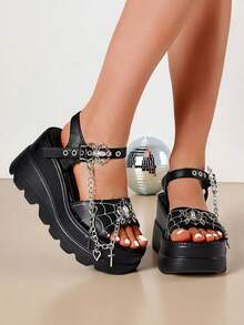 Y2k Women'S Platform Sandals Wedges High Heels Fashion Gothic Spider Metal Decor Punk Thick Bottom Spider Web Embroidery Cross Chain Detail Ankle Strap Summer Sandals Women - 黑色 - 查看 3