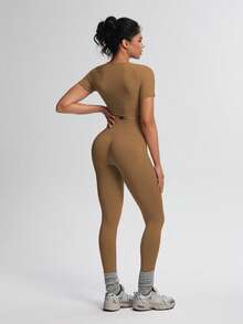 TCVC Women's Seamless Knit Solid Color Super Stretchy Sheer Resistant Sports Short Sleeve Top + Leggings 2 Piece Set, Crew Neck Tight Cropped Short Sleeve, High Waist Tummy Control Peach Butt Solid Color Skinny Leggings, Suitable For Running, Yoga, Gym, Outdoor, Casual & Leisure - Coffee Brown - View 2