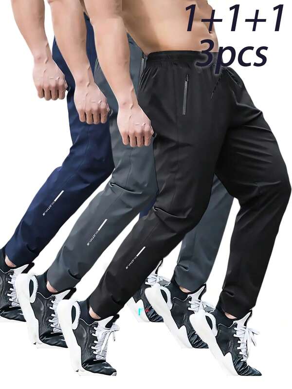 3pcs Plus Size Men's Lightweight Breathable Quick-Dry Outdoor Sports Pants, Summer
