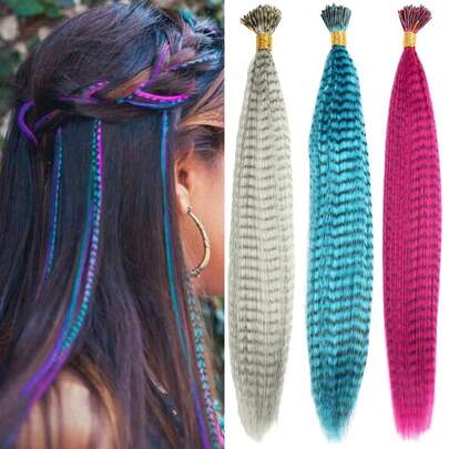 Extensões de cabelo de penas coloridas sintéticas de 16 polegadas, 10 peças/pacote, azul, roxo, para mulheres, aplique de penas de linha zebra
