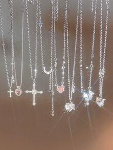 9/8pcs Fashionable Y2K Style Exquisite Cute Design Vintage Multi-Piece Stackable Colorful Crystal Bling Bling Cross, Heart, Star, Moon, Butterfly Wing, Bow Pendant Multilayer Necklace Set, Suitable For Holiday, Party, Date, Gift, Daily Wear - Silver - View 7