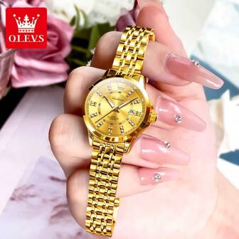 OLEVS. Relojes de mujer elegantes y de moda OLEVS, marca de lujo, reloj de cuarzo original para damas, resistente al agua, de acero inoxidable, con fecha luminosa, color dorado