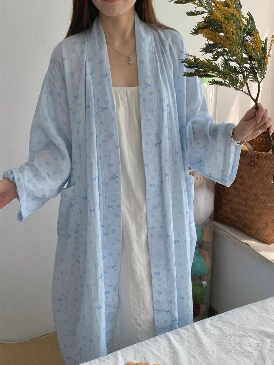 1pc Women's Robe, European & American Style Minimalist Long Sleeve Sleepwear, Sweet & Cute Pink Bear Print Lightweight Solid Color Pajamas, Spring/Autumn