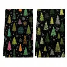 1 set/2 piezas Paños de cocina con diseño de árbol de Navidad y copos de nieve, adecuados para comedor, cocina, baño, decoración navideña, decoración de fiesta familiar, decoración del hogar, artículos del hogar, regalos para mayores y amigos