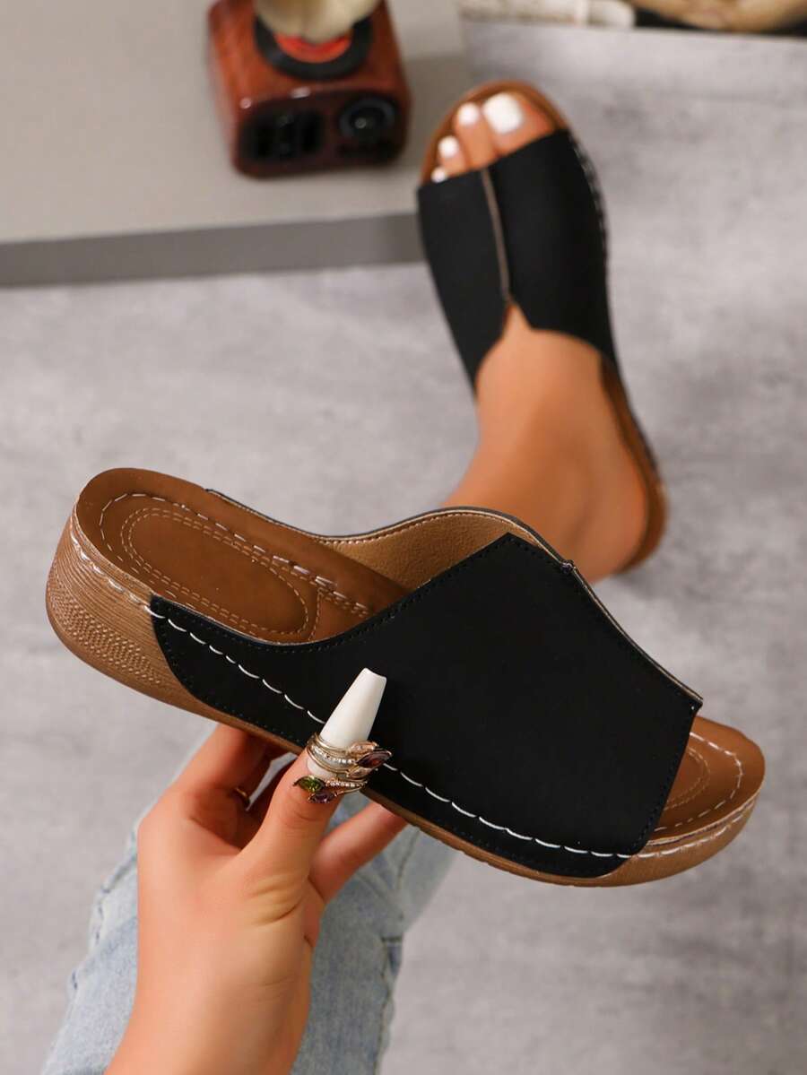 Plus Size Women's Wedge Heel Sandals Slippers, Simple Design, Comfortable Thick Sole Wedge Sandals, Suitable For Outdoor Wear, Cross-Border E-Commerce - Black - View 1