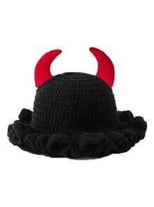 1 件男女通用手工针织无檐便帽，荷叶边渔夫帽，骷髅、南瓜、角图案，趣味角色扮演拉法帽 - 彩色 - 查看 9