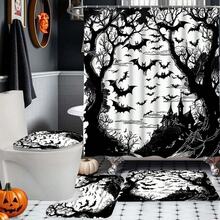 万圣节浴帘套装，带防滑浴室地毯、马桶盖和座椅 - 采用防水涤纶制成，恐怖蝙蝠主题，编织，包含 12 个挂钩 - 必备浴室装饰物品（1 件/4 件） - 彩色 - 查看 5