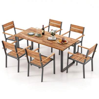 Juego de comedor de patio de 7 piezas, mesa rectangular de 69'' con 6 sillas apilables