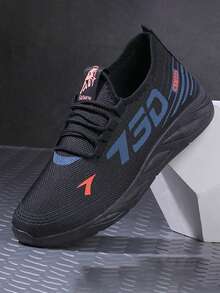 1 双男士运动鞋、透气休闲鞋、竞赛鞋、时尚休闲跑鞋（鞋面/鞋跟/侧带上有随机/不对称图案） - 黑色 - 查看 3