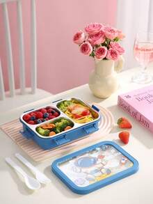 1pc Cute Cartoon Bento Box With Fork And Spoon, Divided Portable Lunch Box, Large Capacity Lunch Container, Leak-Proof Plastic Lunch Box, Stackable Lunch Compartments - Multicolor - View 5