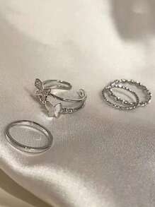 4pcs/Set Girls' Simple Design Zirconia Inlaid Open Ring, Fashionable & Versatile Jewelry - Multicolor - View 5