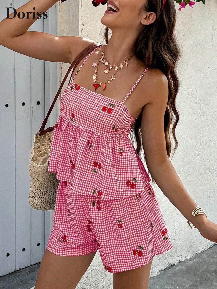 Doriss Women's Plaid Cherry Print Ruched Camisole And Shorts 2 Pieces Set