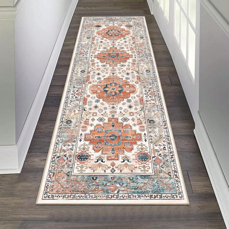 Boho Washable Area Rug Large Soft Living Room Bedroom Floor Carpet Mat Indoor Farmhouse Vintage Non Slip Accent Throw Rugs For Entryway Kitchen Dorm Dining Room - Hồng Cam - Xem 1