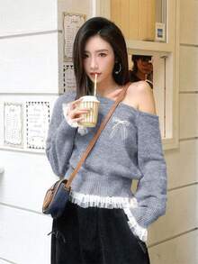 蕾丝边性感简约灰色长袖女毛衣，短款不对称针织上衣，适合约会、郊游、通勤、圣诞节、新年 - 花灰色 - 查看 9
