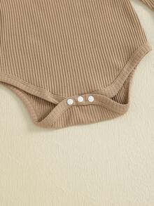 Infant Baby Girls Clothing Set Solid Color Long Sleeve Ribbed Romper With Print Overalls 2Pcs Outfit - màu nâu - Xem 5