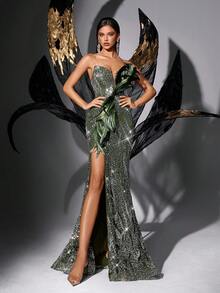 优雅亮片装饰女士正式晚礼服，羽毛点缀，精致派对礼服，适合舞会、红毯、返校节、生日派对、盛大晚宴、周年纪念等场合 - 纯色露背高开衩无袖连衣裙 - 橄欖綠 - 查看 4