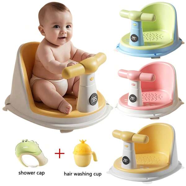 Babybadstoel + waterdichte douchemuts met babyshampoo + haarwasbeker, geschikt voor baby's en jonge kinderen vanaf 6 maanden. Het is een antislip babybadstoel, geschikt voor baby's en pasgeborenen, en dient tevens als antislip badkruk voor baby's, met thermometer. (Verkrijgbaar in geel, groen en roze)