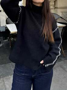 EAVA Women's Minimalist Turtleneck Sweater, Oversized Fit, Effortless Streetwear Style, Handcrafted Details, Autumn/Winter Knit Pullover, Valentine's Day Gift, Women's Valentine's Day - Black - View 8