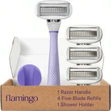 Flamingo Razors For Women, 1 Women'S Razor Handle Rose), 4 Razor Five-Blade Refills, And 1 Shower Holder - Lilac - 查看 1